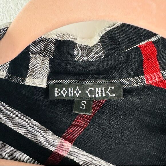 Boho Chic Black‎ White Red Linen Blend 3/4 Sleeve Blouse Size S - Picture 2 of 3